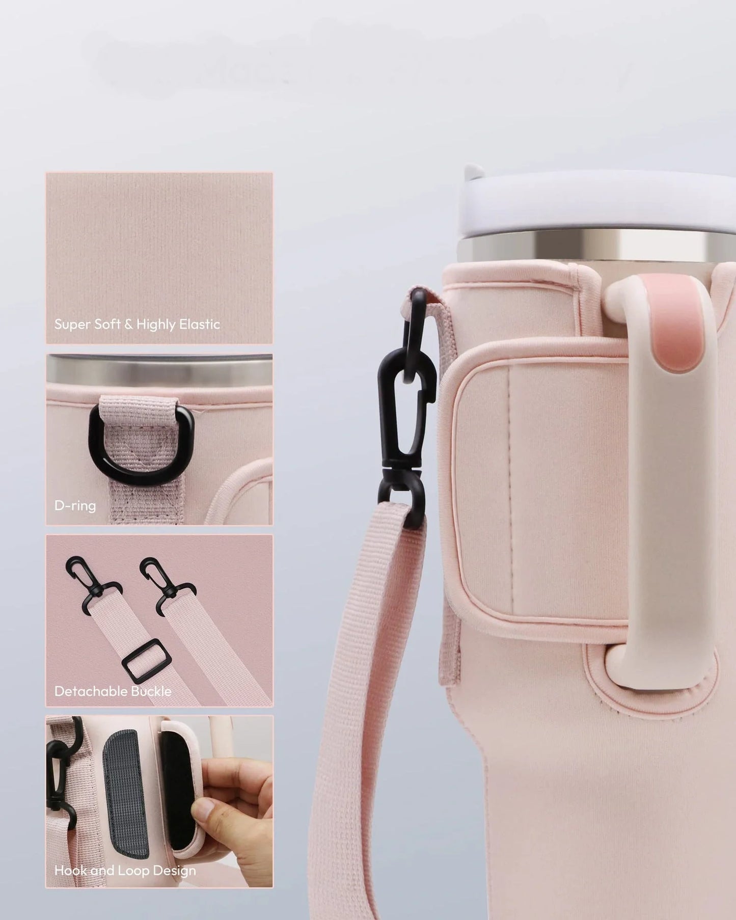 Portable insulated beverage cup cover made of durable cloth material in black, pink, and apricot colors for outdoor use