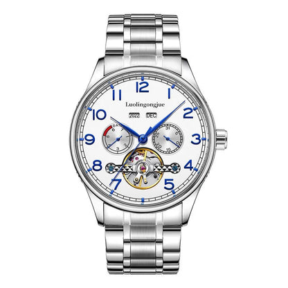 Men's stainless steel mechanical watch with sapphire crystal glass and genuine leather strap on wrist