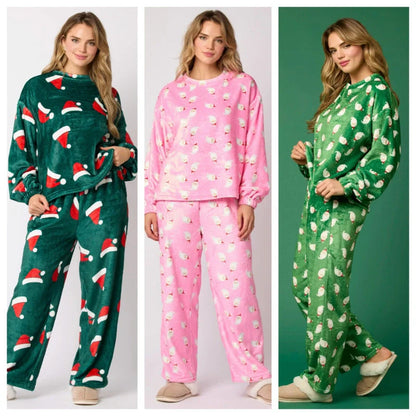 Cozy Christmas-themed flannel pajama sets for women featuring Santa Claus and festive holiday designs
