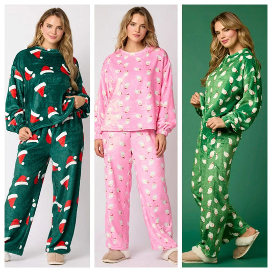 Cozy Christmas-themed flannel pajama sets for women featuring Santa Claus and festive holiday designs
