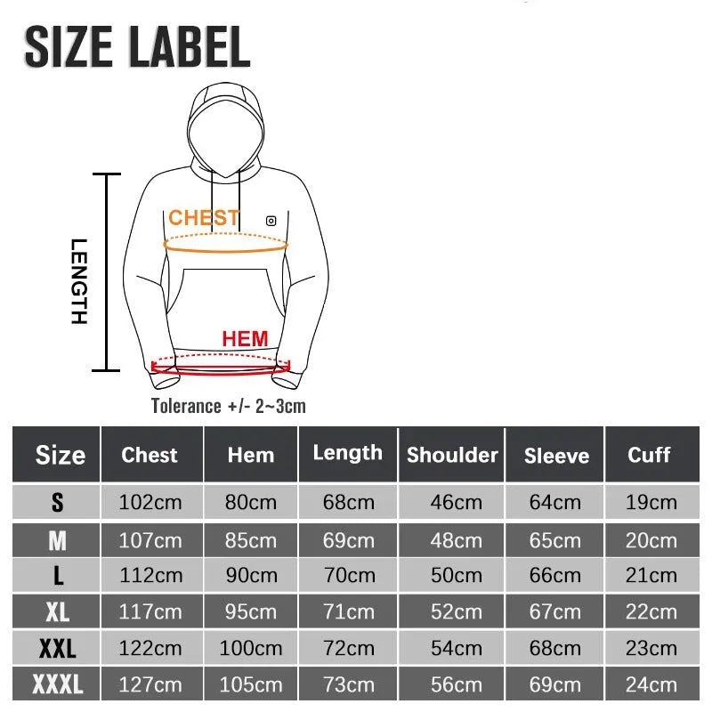 USB heated hoodie in black or grey, polyester, sizes M to 3XL, with included power bank for winter outdoor warmth.