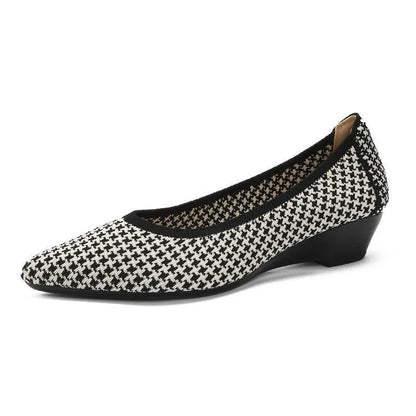 Women's leopard brown flyknit mesh pointed toe wedge pumps with a low rubber sole.