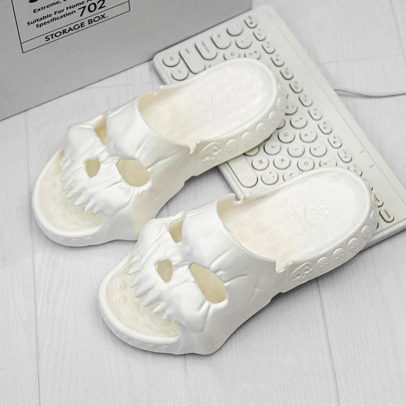 Spooky skull-printed slide sandals in various colors and sizes