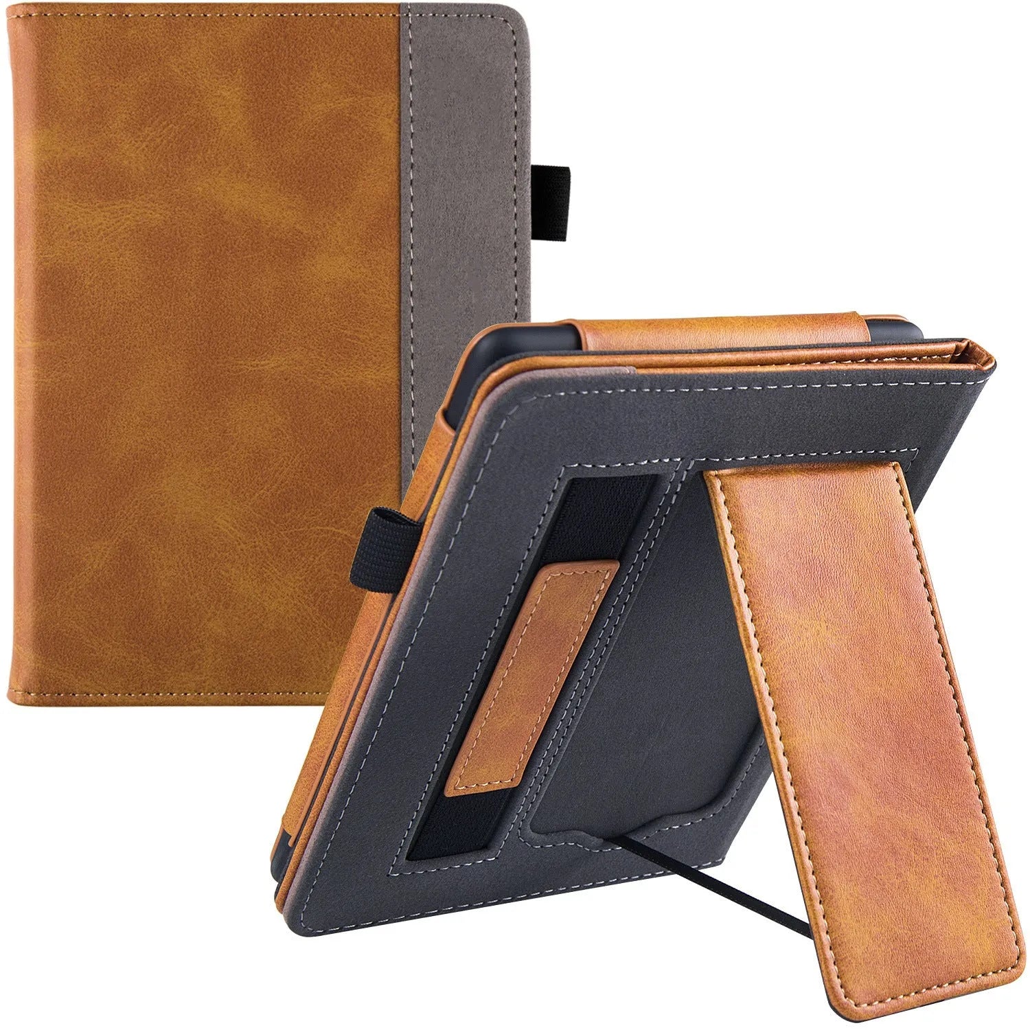 Leather case with wrist splint bracket for Kindle Paperwhite 5 e-reader in various colours and designs
