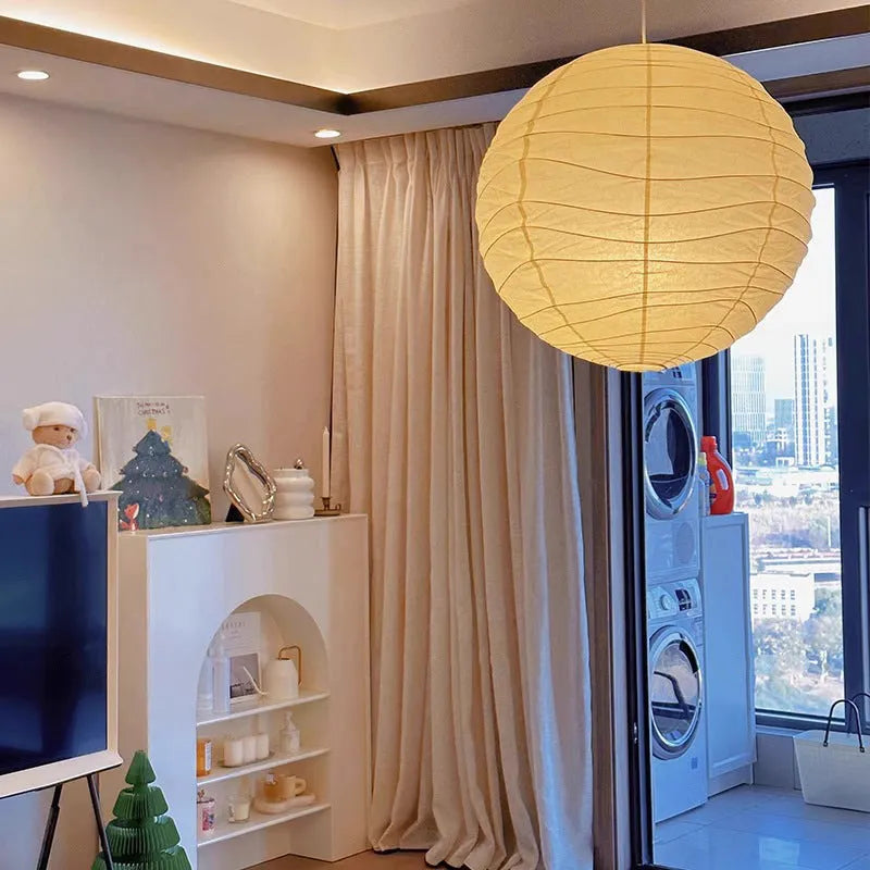 Japanese-style spherical rice paper chandelier with 30cm, 45cm, and 55cm diameter options for ambient lighting