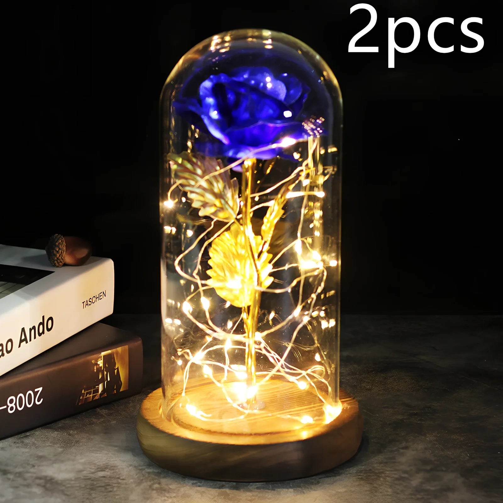 Little Prince rose arrangement under 20x9cm glass dome with gold foil flowers