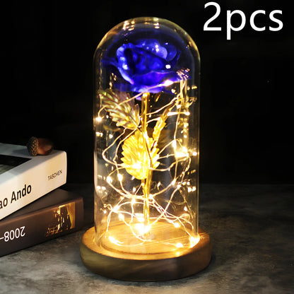 Little Prince rose arrangement under 20x9cm glass dome with gold foil flowers