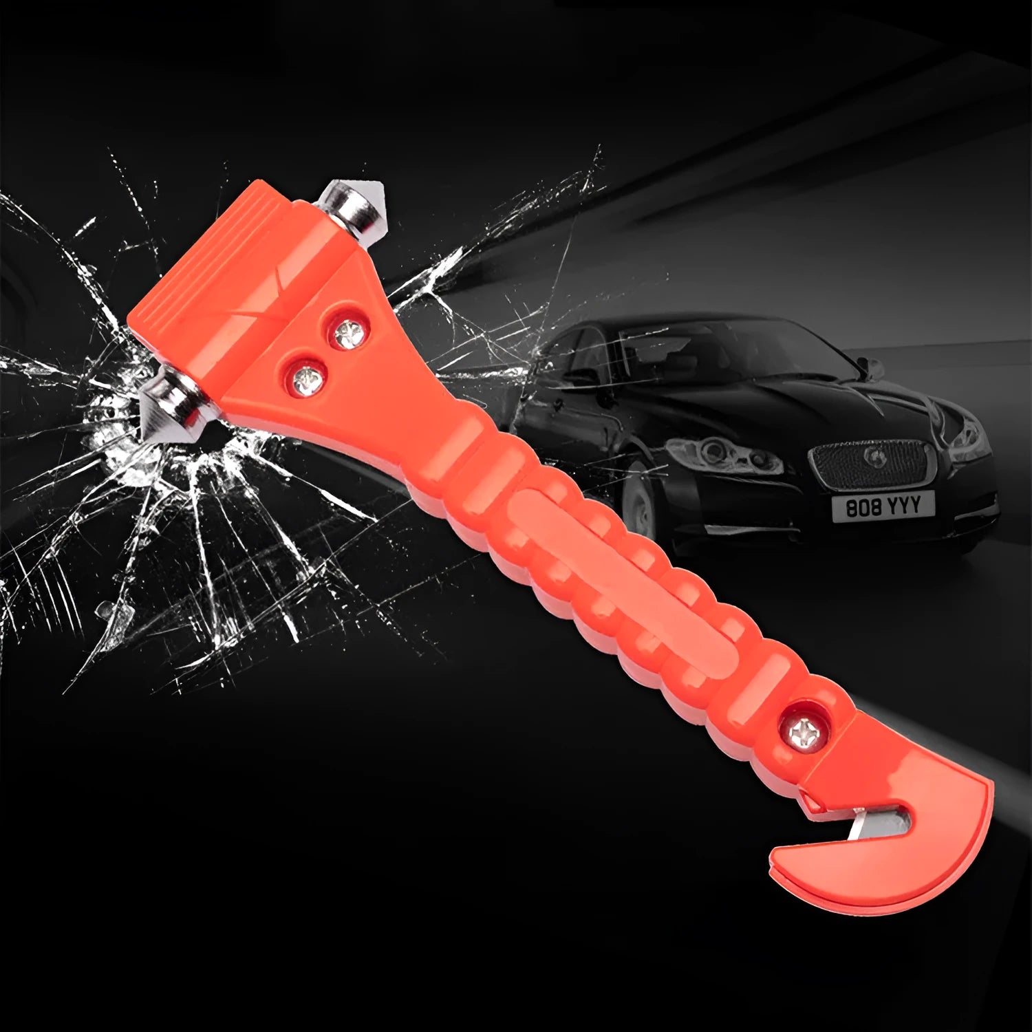Red car emergency hammer with window breaker and seatbelt cutter tool