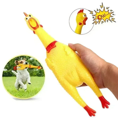 Yellow rubber screaming chicken dog squeak toy shown in three different sizes.