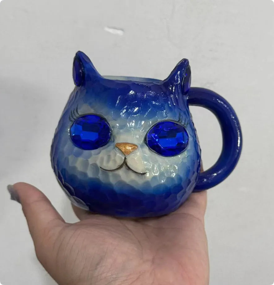 Crystal Earth Cat Cup resin crafts decorative item with cat motif in purple, green, blue, or pink colour