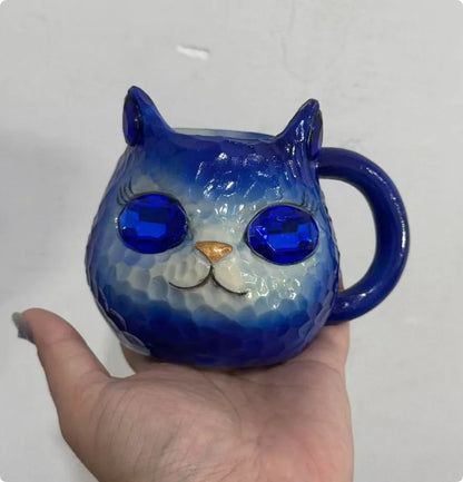 Crystal Earth Cat Cup resin crafts decorative item with cat motif in purple, green, blue, or pink colour