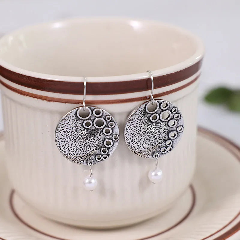 Silver alloy baroque pearl stud earrings with geometric retro shape, 4x2cm, one pair for women