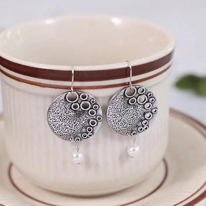 Silver alloy baroque pearl stud earrings with geometric retro shape, 4x2cm, one pair for women