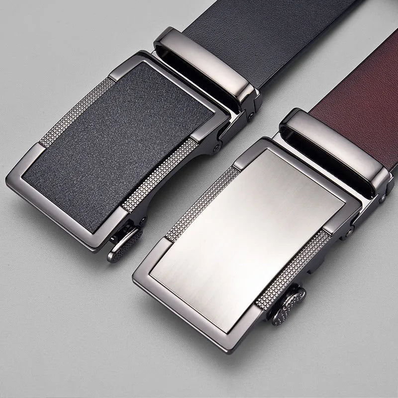 Men's two-layer cowhide leather belt with alloy automatic buckle, black or brown, 110cm to 130cm, 2-4cm width