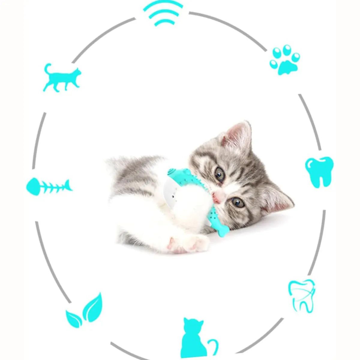 Small blue silicone fish-shaped chew toy for cats on a plain background.