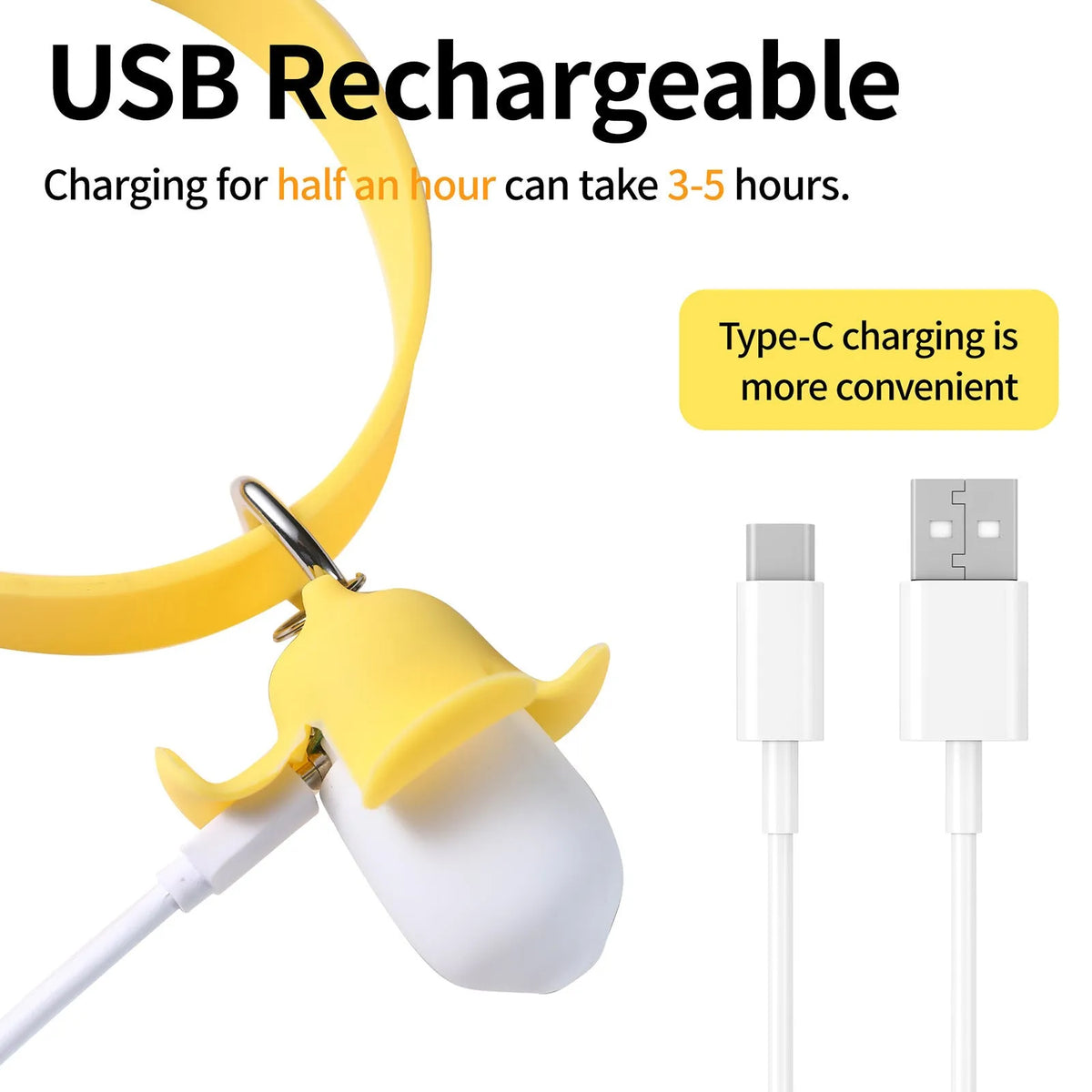 Yellow banana-shaped USB rechargeable dog collar light with LED illumination and magnetic charging contacts