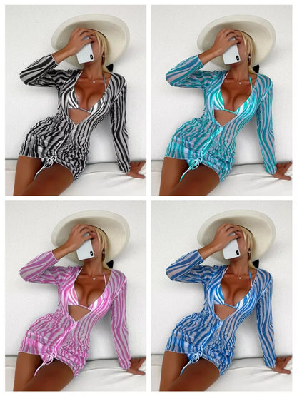 Women's striped mesh three-piece swimsuit in green, black, blue, and pink