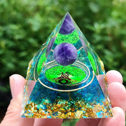 Crystal ball gravel pyramid resin artwork with 6cm diameter and 50mm base