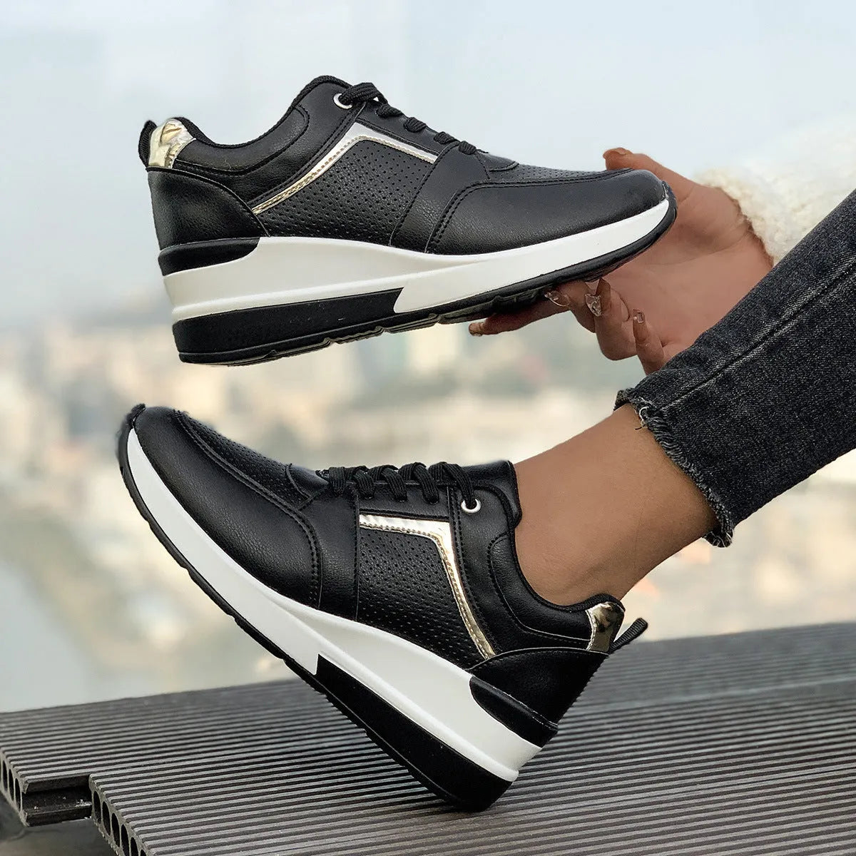 Women's white PU leather wedge platform sports shoes with front lace-up closure.