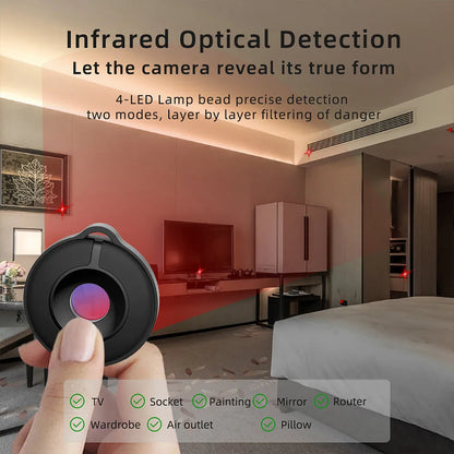 Compact infrared camera detector with 5-metre range for hidden camera detection in low-light conditions