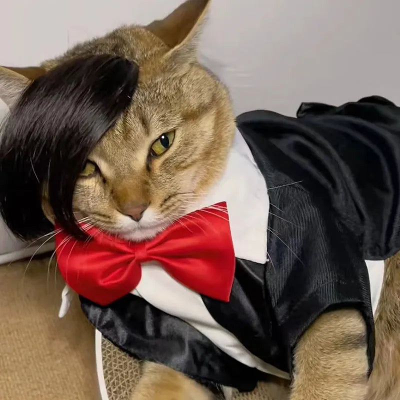 Black polyester cat wig with imitation braid design for feline dress-up and costume occasions
