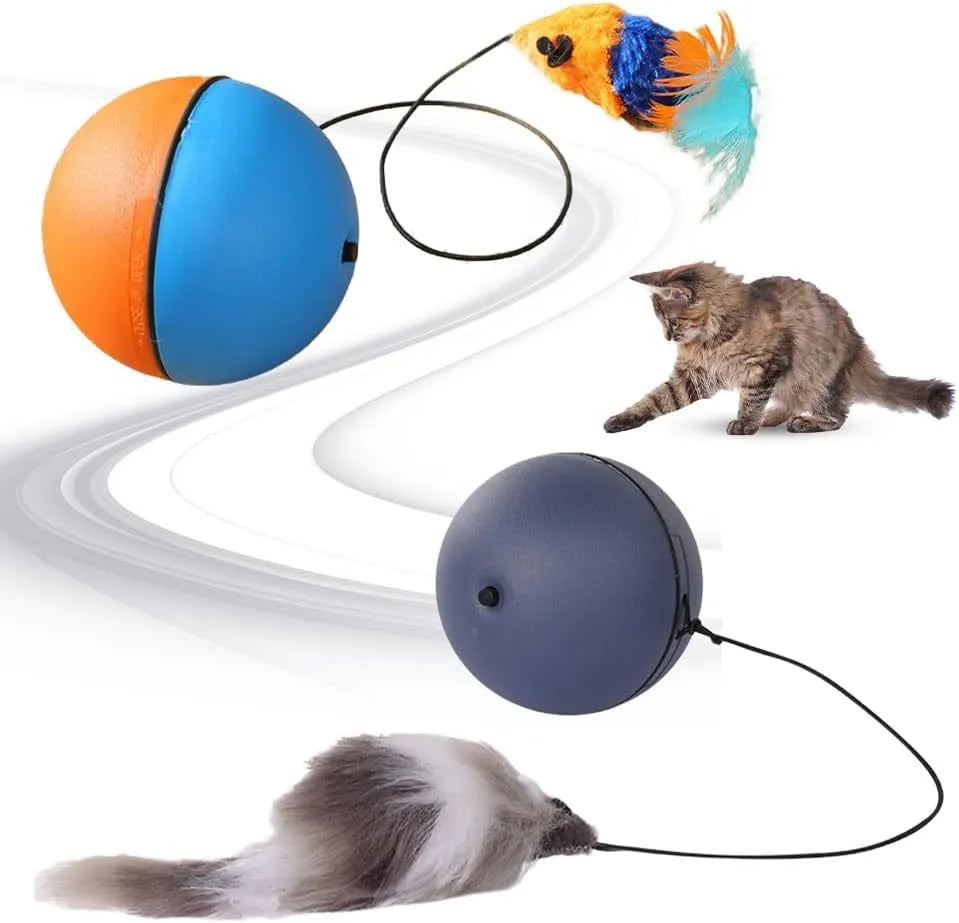 Automatic self-rolling cat ball toy in blue-orange and grey colours on indoor floor