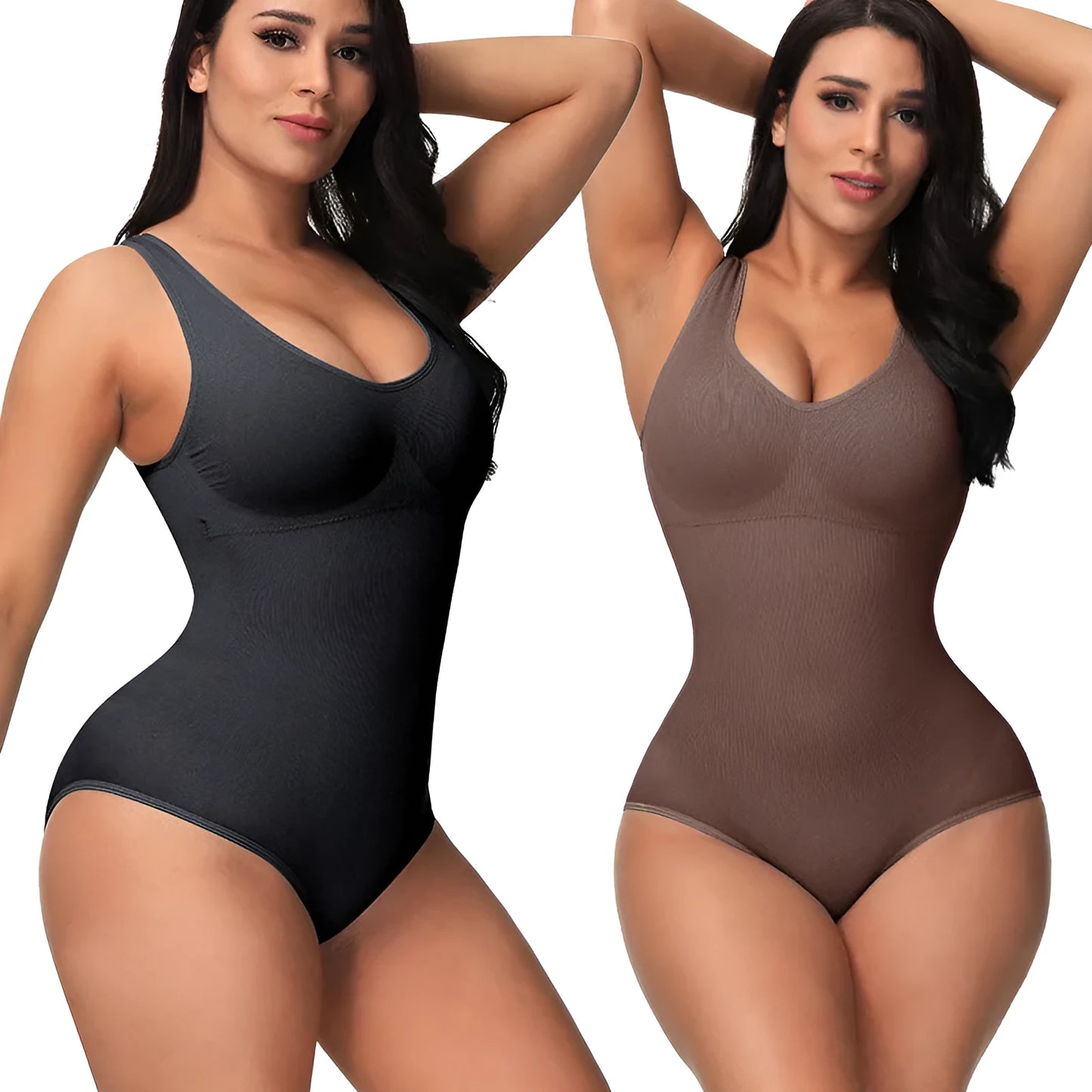 Women's seamless one-piece nylon bodysuit for waist support and body sculpting, shown in apricot colour.