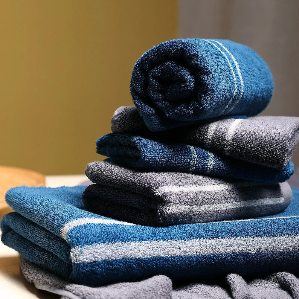 Blue smart sensor cotton towel measuring 34cm by 74cm with 100% cotton composition