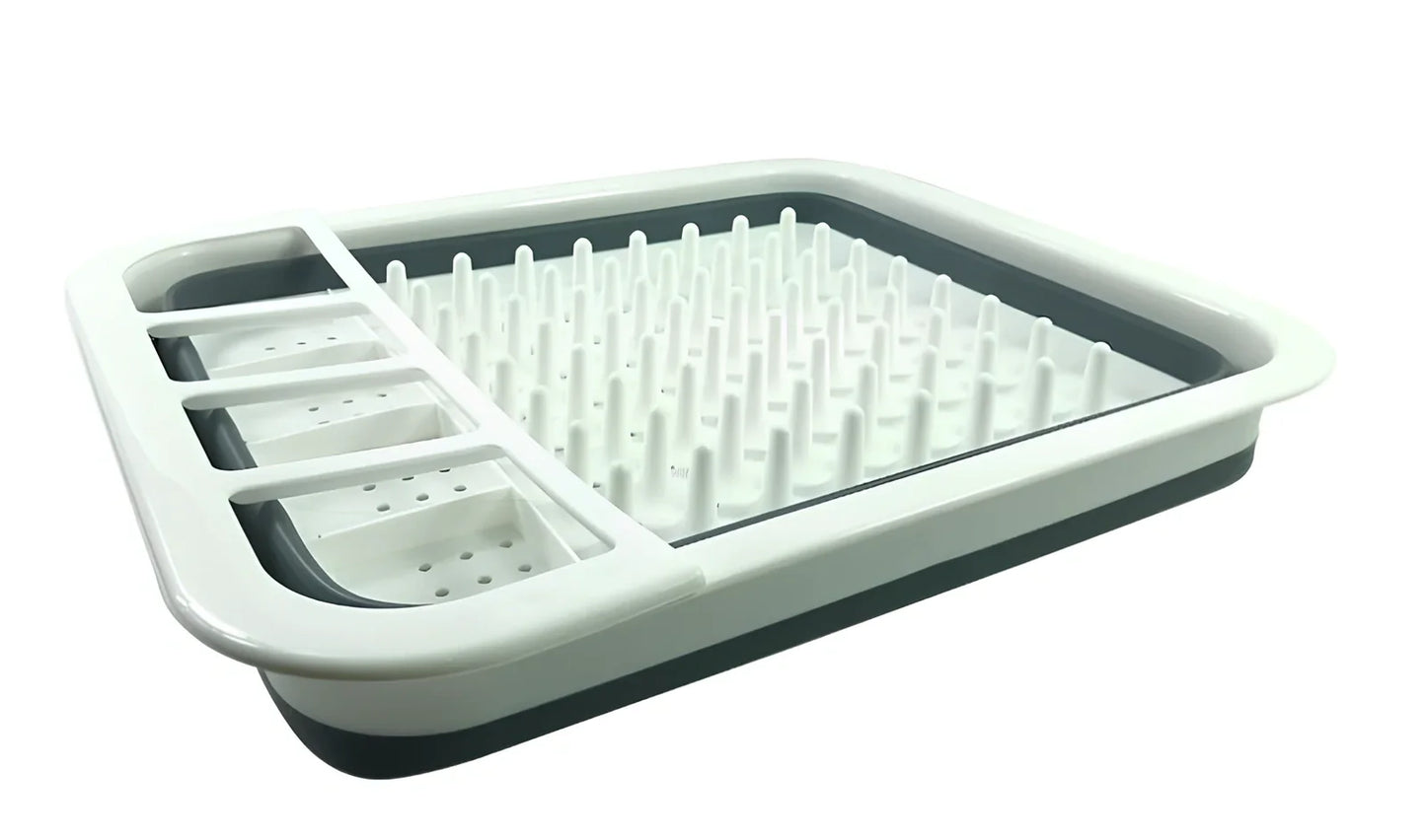 Grey folding kitchen dish rack showing collapsed flat position and separate utensil compartment