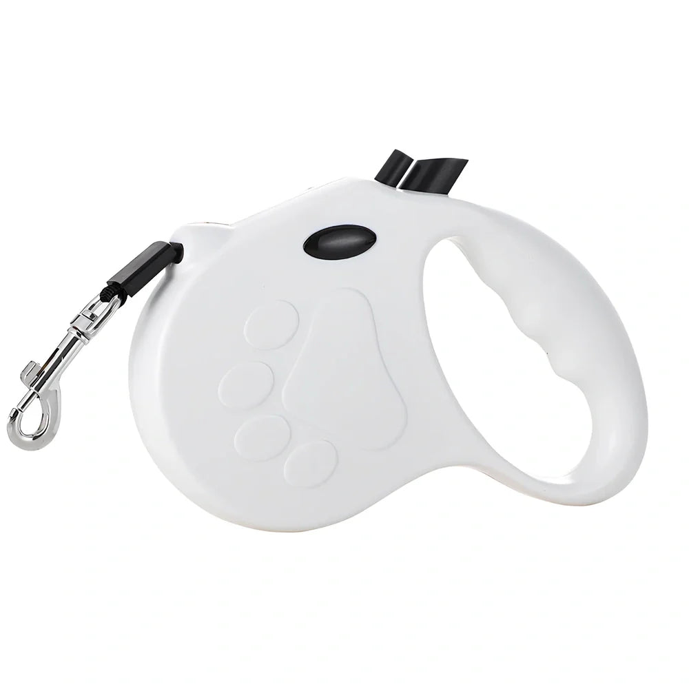 Automatic telescopic pet traction rope showing compact 140x168mm size and ABS plastic construction