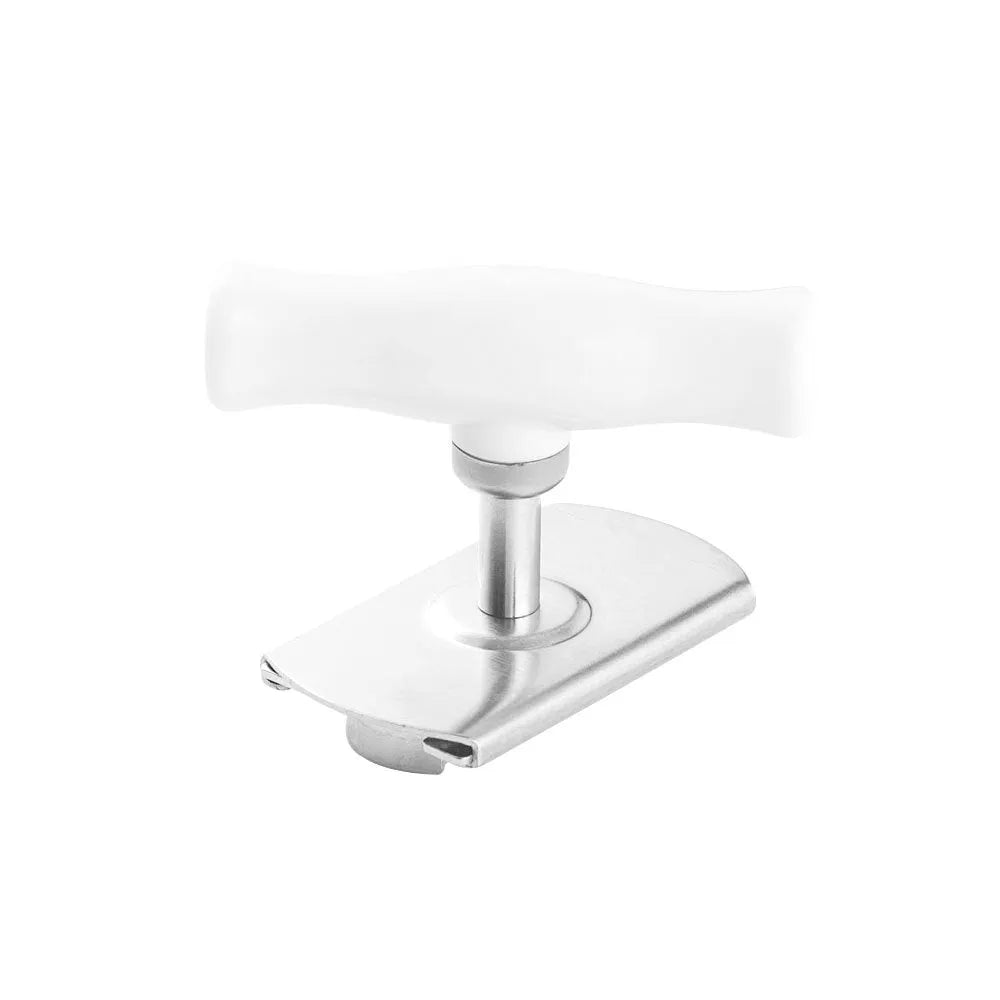White stainless steel adjustable manual bottle opener with ABS handle on a plain background