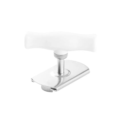 White stainless steel adjustable manual bottle opener with ABS handle on a plain background