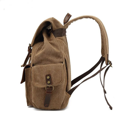 Retro canvas backpack in army green with antique bronze hardware, showing front compartments and size.