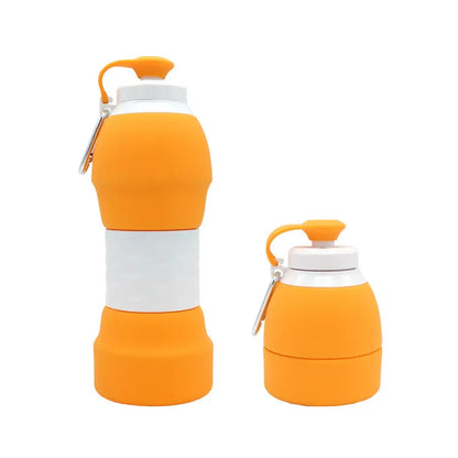Blue silicone folding water bottle shown both extended and collapsed, next to a backpack.