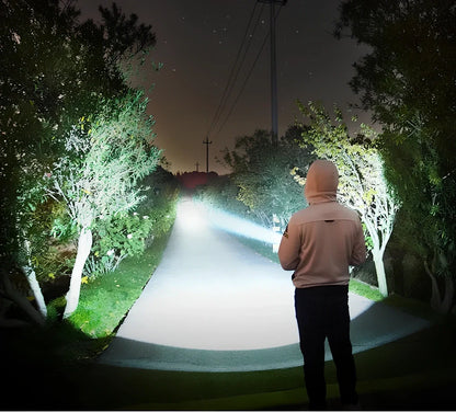 Aluminium alloy LED flashlight with 200-500m beam range and rechargeable battery system