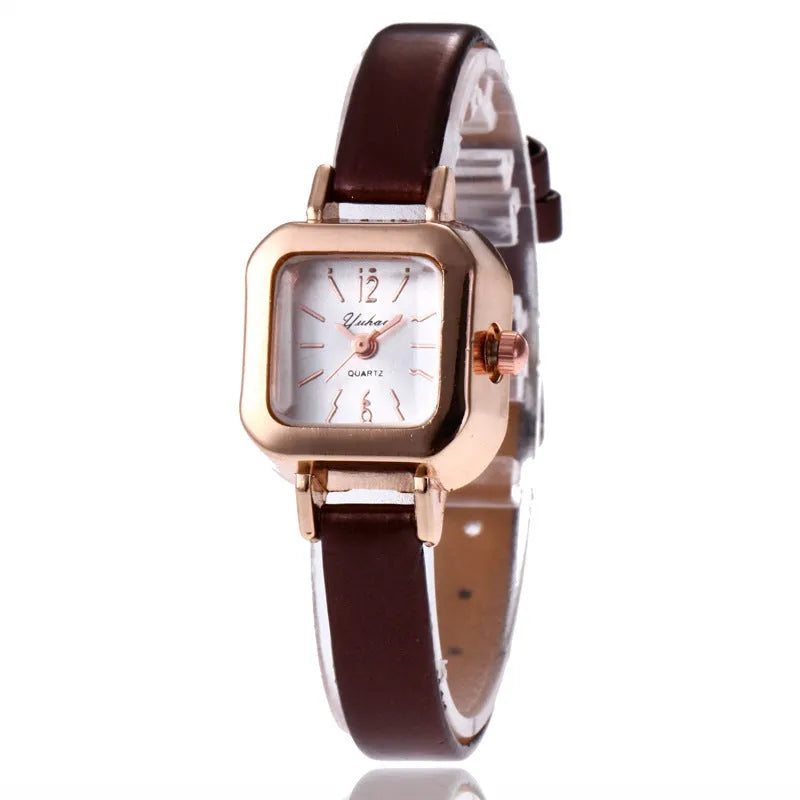 Women's fashion watch with alloy case in black, white, pink, or brown colour options showing 10mm thickness