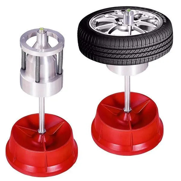 Portable hub balancer with aluminium head, bull's eye level, and 11.5" diameter base for wheel balancing