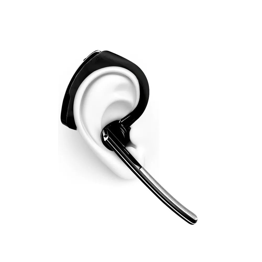 V9 Bluetooth wireless stereo headset with microphone shown in use for hands-free calling.