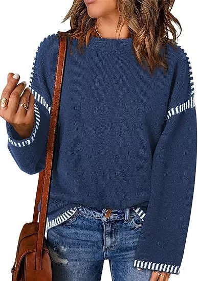 Women's acrylic round neck pullover sweater with flared sleeves in various colors