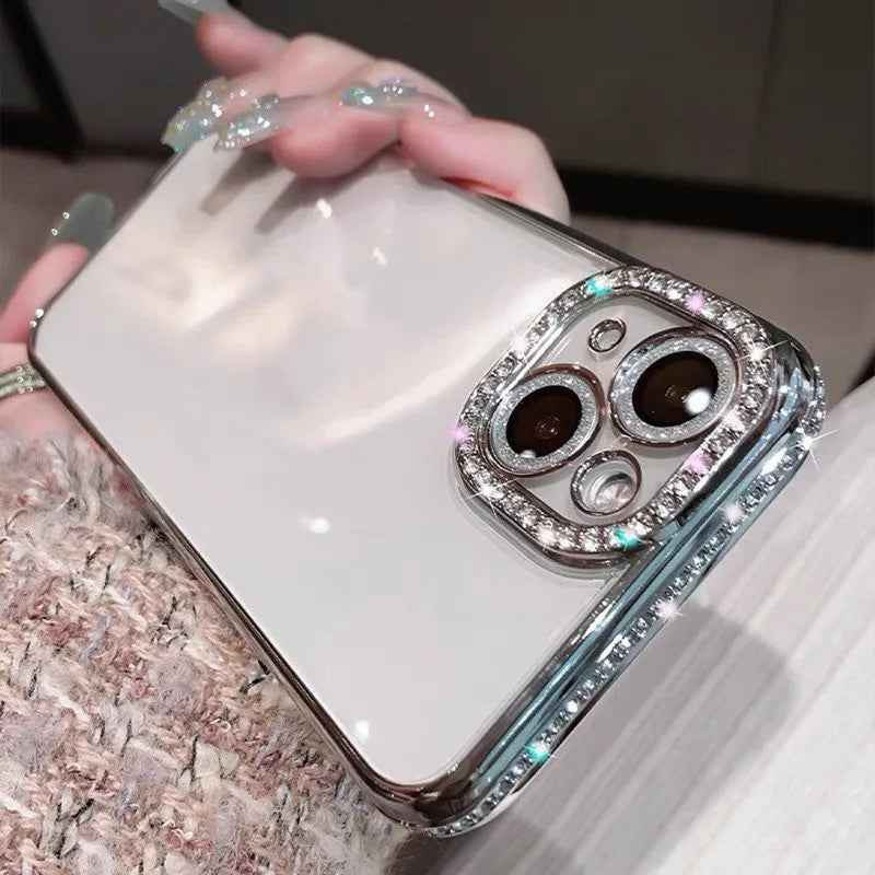 Rhinestone phone case with glass back and TPU silicone bumper for iPhone, in blue, purple, rose gold, or silver.