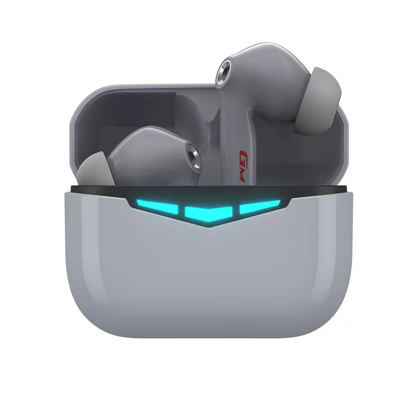 True wireless gaming Bluetooth headset with black earpieces, charging case, and three sizes of silicone earmuffs displayed