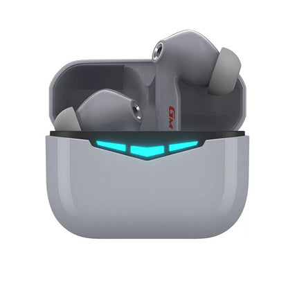True wireless gaming Bluetooth headset with black earpieces, charging case, and three sizes of silicone earmuffs displayed