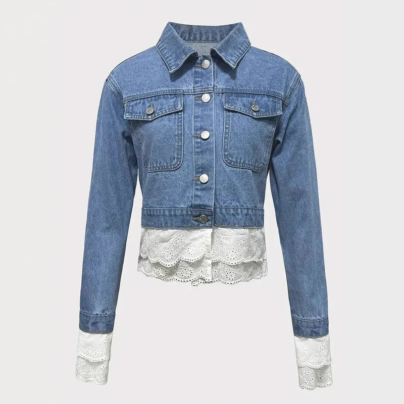 Denim jacket for women featuring decorative lace stitching detail on the front panels, long sleeve cut, available in blue denim colour and standard adult sizes including plus sizes up to 5XL, suitable for casual wear and private social occasions
