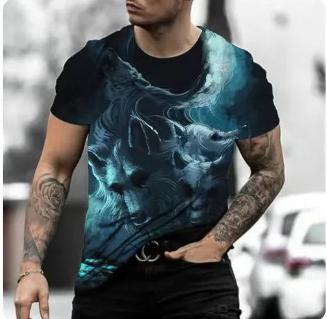 Man wearing a short-sleeved grey t-shirt with a retro-style 3D graphic of a wild animal printed on the front.