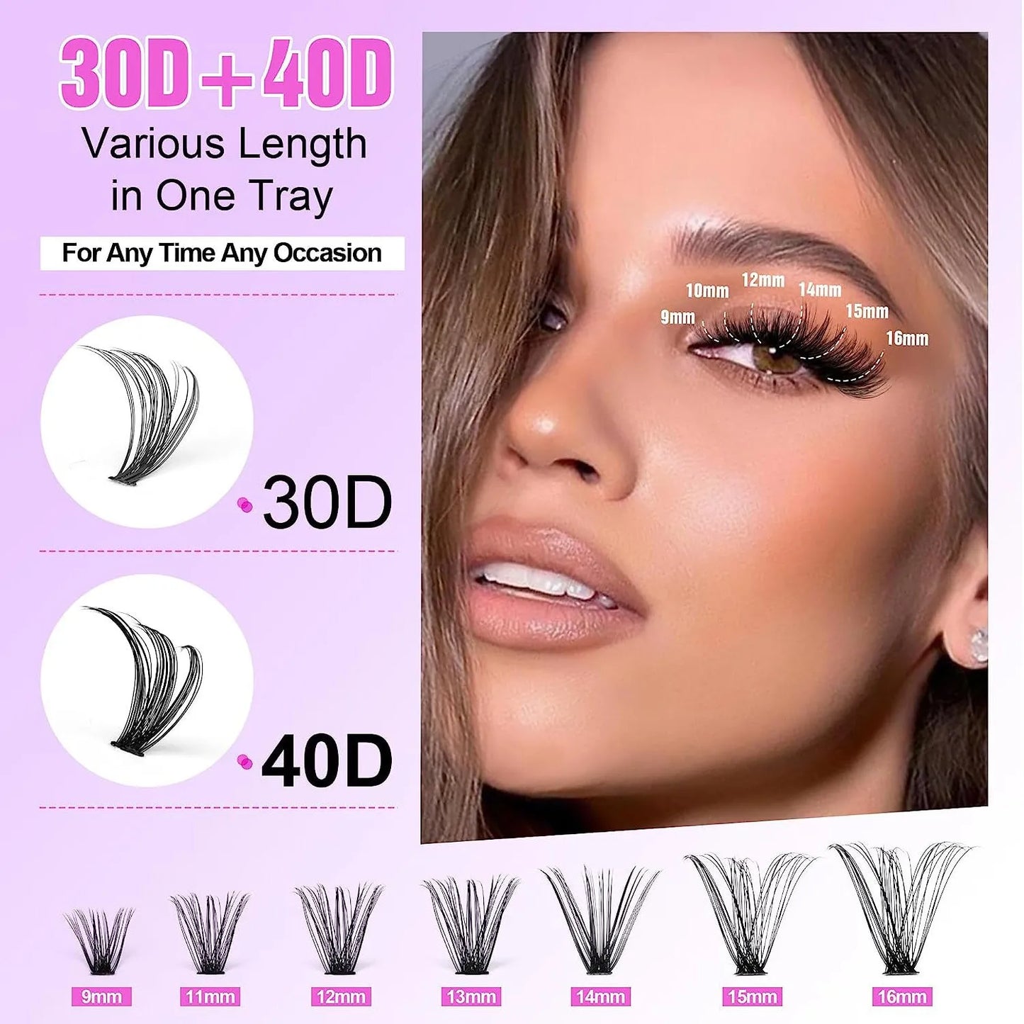 DIY cluster false eyelashes mixed package showing boxes of 30D and 40D lashes with tweezers
