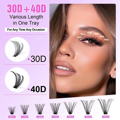 DIY cluster false eyelashes mixed package showing boxes of 30D and 40D lashes with tweezers