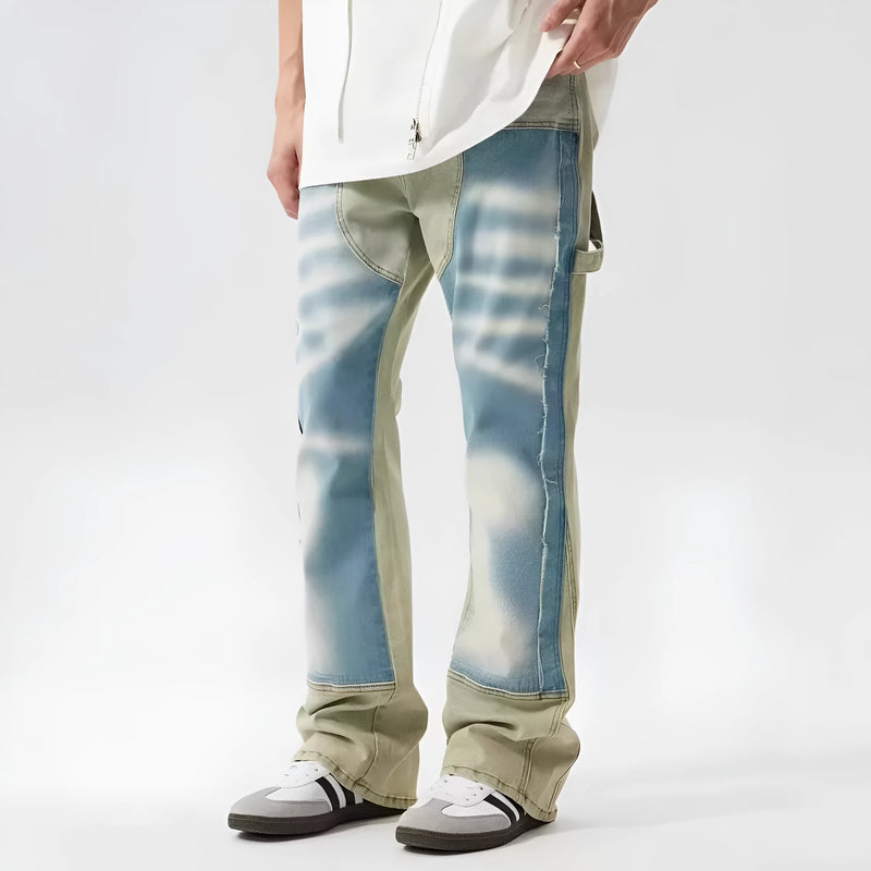 Retro dual-colour patchwork splash-ink damaged design jeans: mid-waist trousers with polyester denim fabric in yellow and blue colourway, available in sizes L to 3XL with zip placket closure for daily wear