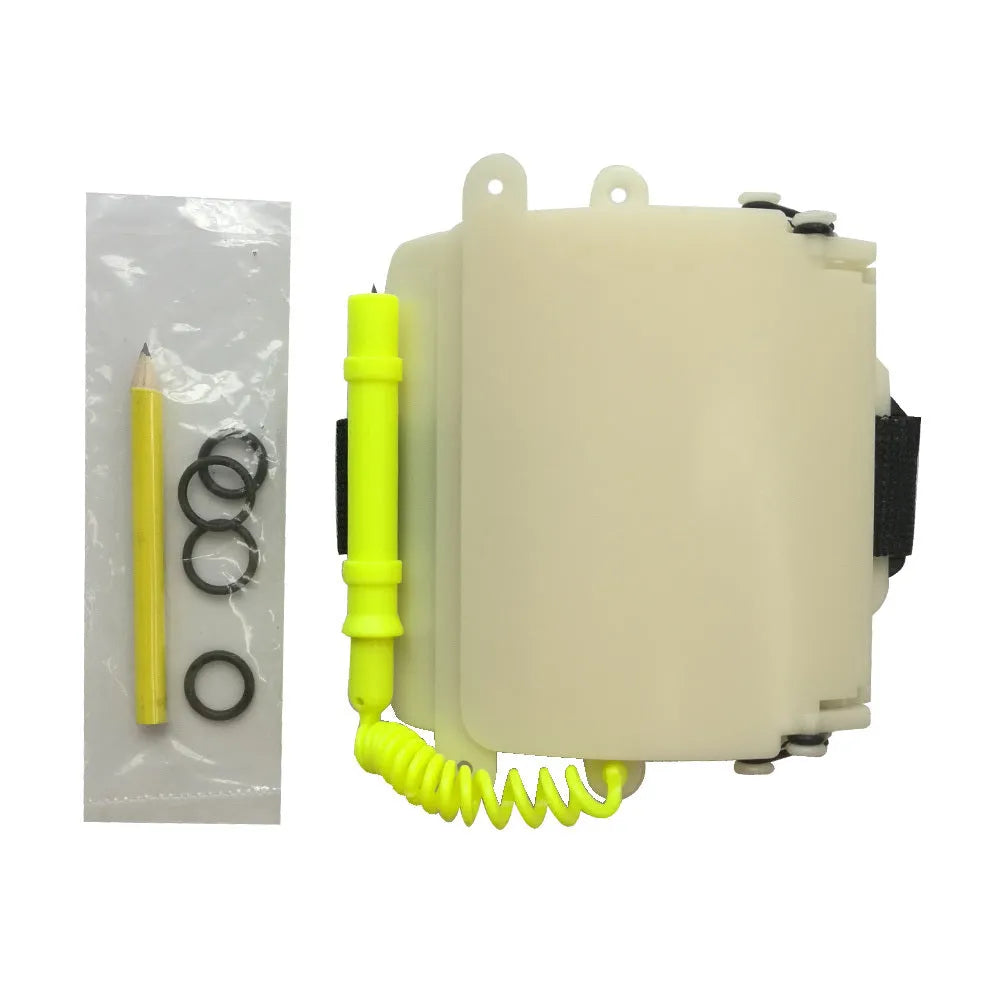 White luminous dive slate wristboard for underwater writing, shown with pencil and spare O-ring.