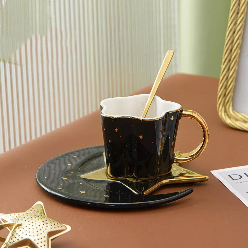 Ceramic cup set with star and moon saucer, 120ML capacity, porcelain material