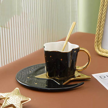 Ceramic cup set with star and moon saucer, 120ML capacity, porcelain material